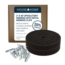 Load image into Gallery viewer, Replacement Elastic Webbing Kit to Repair Sagging Couch, Chair, Lawn ,and Patio Furniture, Includes Installation Instructions, 2 Inch Wide x 40 Ft. Long Strapping and Metal Webbing Clips