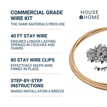 Load image into Gallery viewer, House2Home Upholstery Stay Wire for Sofa Furniture Springs, 40ft with 80 Clips, 16 Gauge Paper Wrapped Wire, Includes Instructions