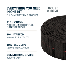 Load image into Gallery viewer, Replacement Elastic Webbing Kit to Repair Sagging Couch, Chair, Lawn ,and Patio Furniture, Includes Installation Instructions, 2 Inch Wide x 40 Ft. Long Strapping and Metal Webbing Clips
