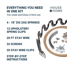 Load image into Gallery viewer, House2Home 18" Sofa Upholstery Spring Replacement Kit- 4pk Springs, Clips, Wire for Furniture Chair Couch and Recliner Repair Includes Instructions