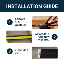 Load image into Gallery viewer, Replacement Elastic Webbing Kit to Repair Sagging Couch, Chair, Lawn ,and Patio Furniture, Includes Installation Instructions, 2 Inch Wide x 60 Ft. Long Strapping and Metal Webbing Clips